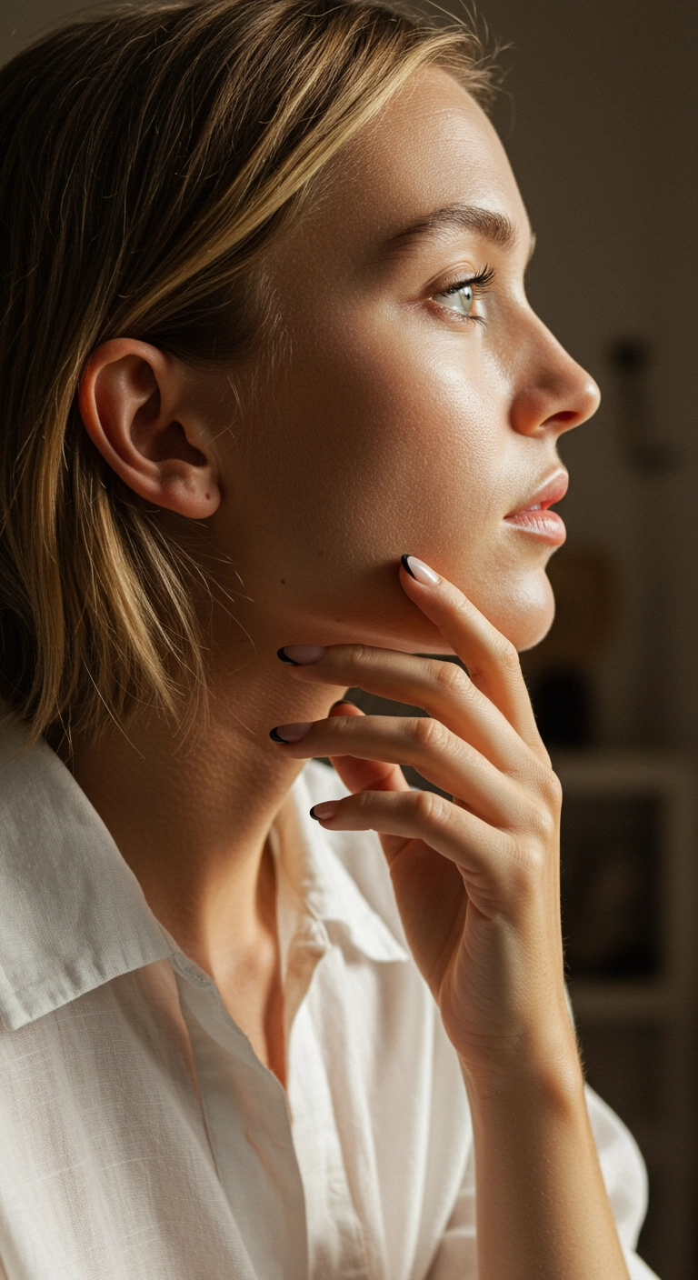A woman's hand showing short squoval nails with a milky white base and thin black chrome French tips.