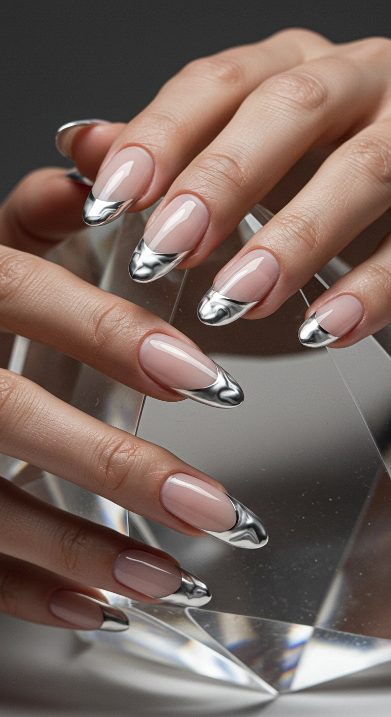 Long almond nails with a negative space design where the French tip is outlined in silver chrome.