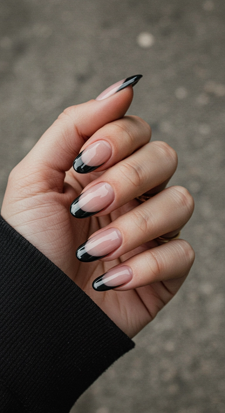 Long oval nails with a curvy, abstract French tip in a dark gunmetal chrome color.