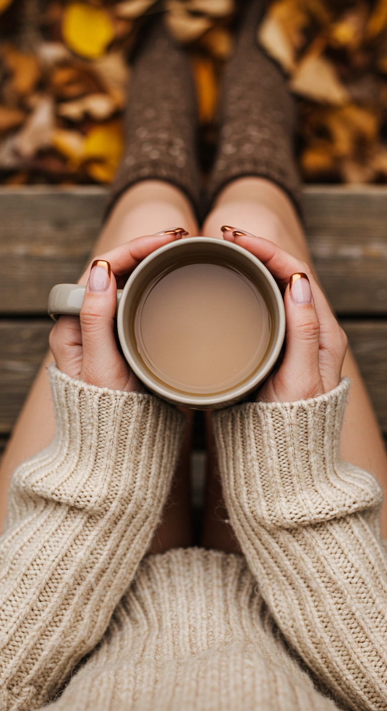 Short square nails with a nude base and warm copper chrome French tips, seen from above.