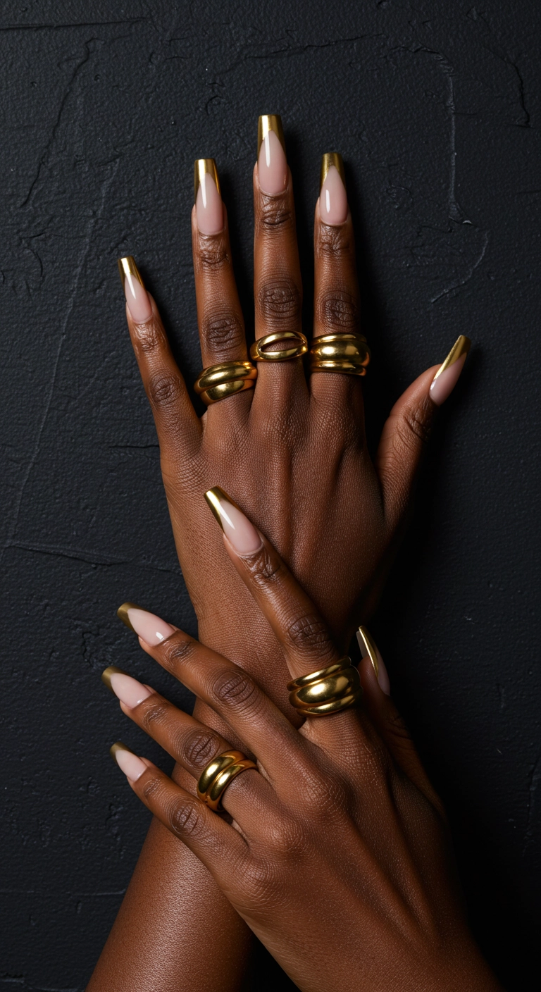 Long tapered square nails with a deep French manicure featuring bold gold chrome tips.