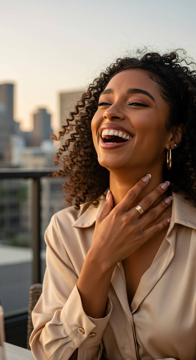 A woman with almond nails showing off a champagne gold chrome French manicure.