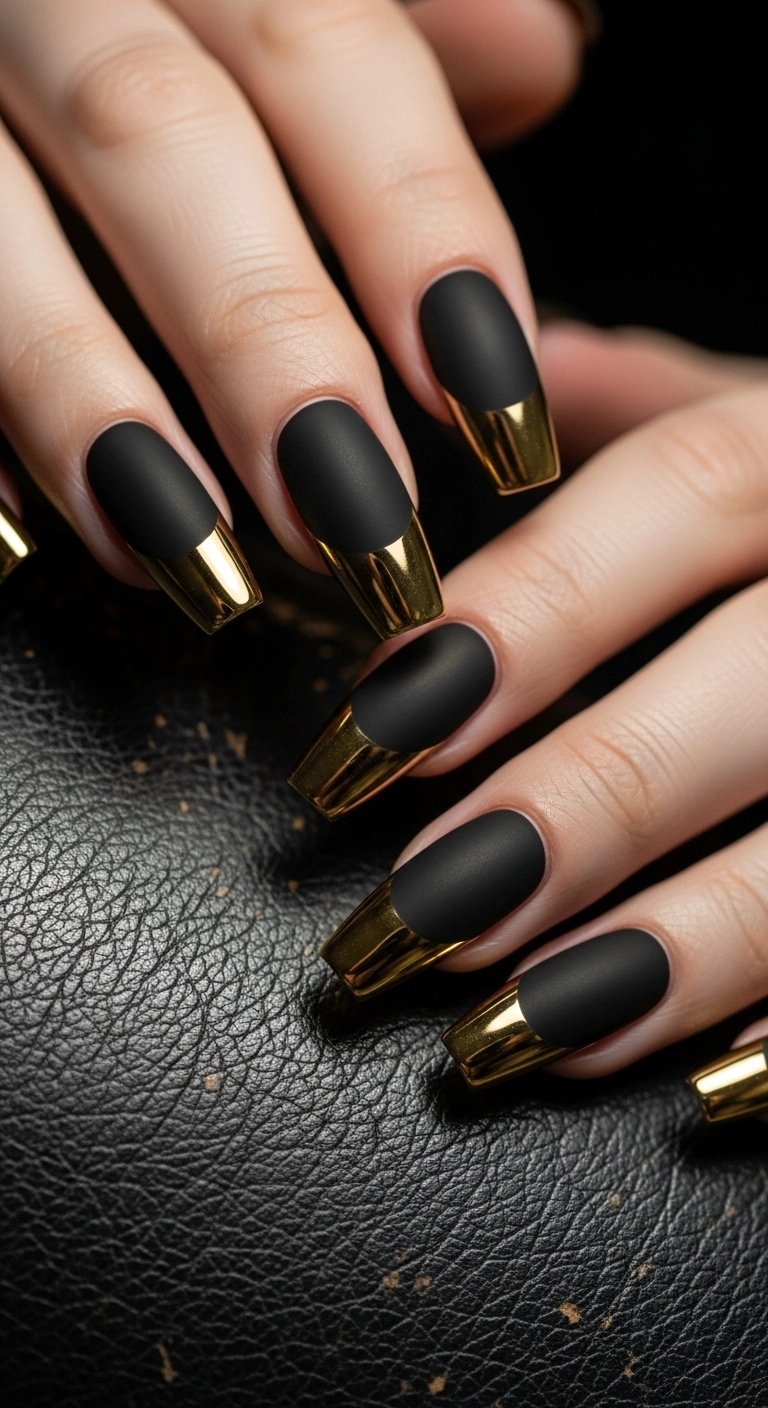 Coffin nails with a matte black base contrasted by a high-shine gold chrome French tip.