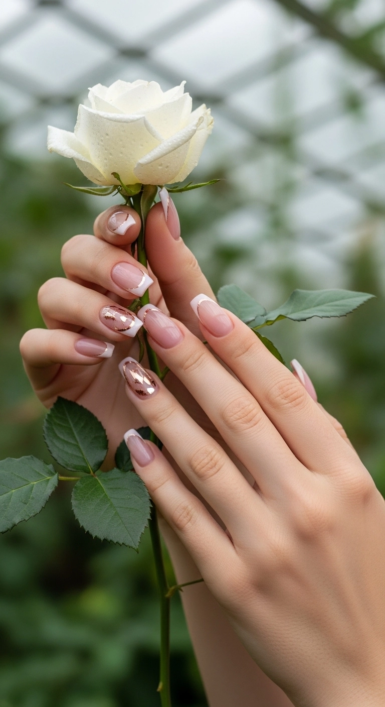 A woman's hands with coffin-shaped nails featuring rose gold chrome French tips, holding a white rose.