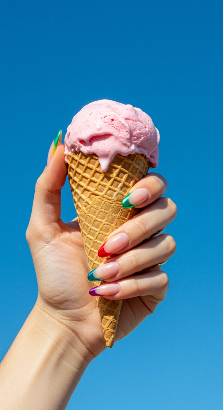 Long squoval nails with each nail having a different color chrome French tip, creating a rainbow.