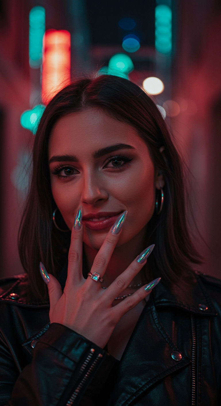 Woman with stiletto nails featuring vibrant holographic chrome French tips in a neon-lit city setting.