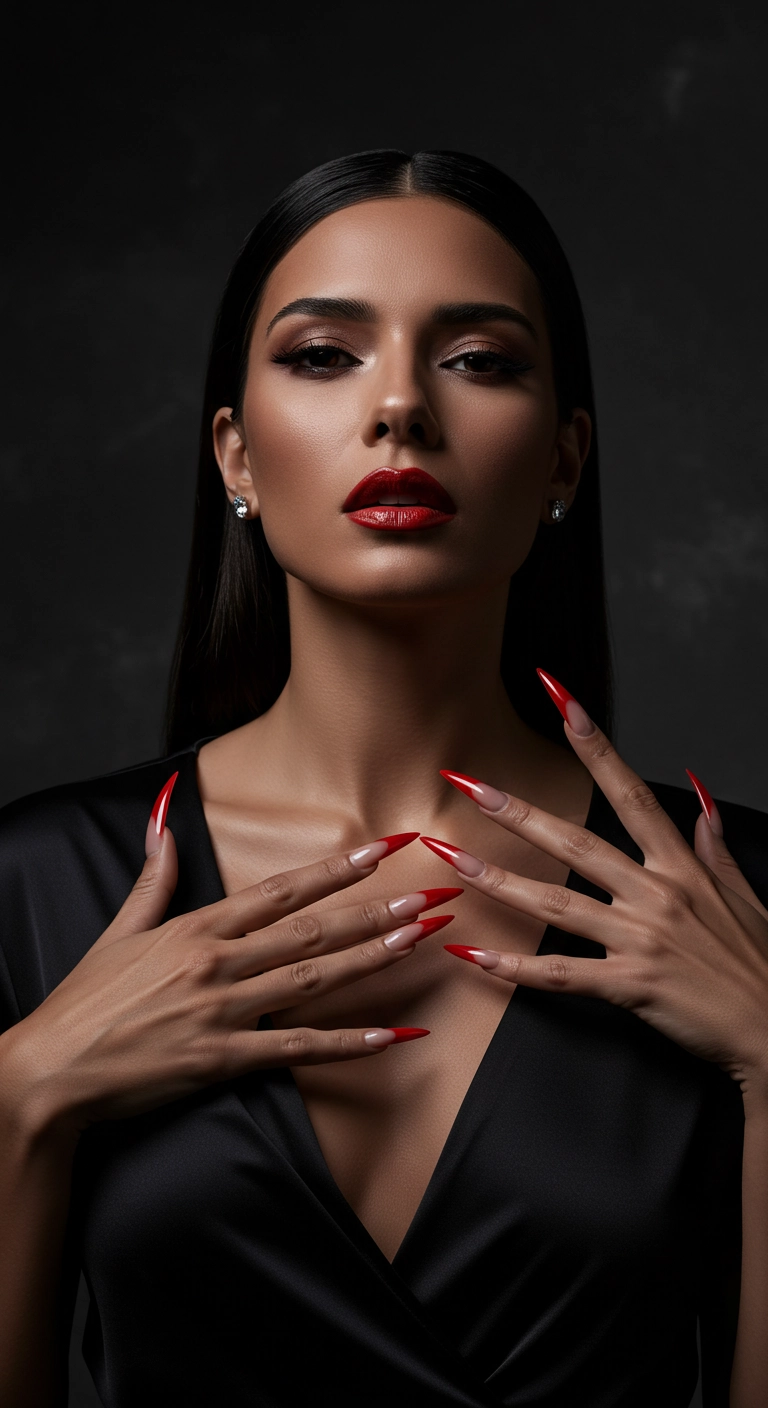 Long stiletto nails with a sharp V-cut French manicure in a fiery red chrome.