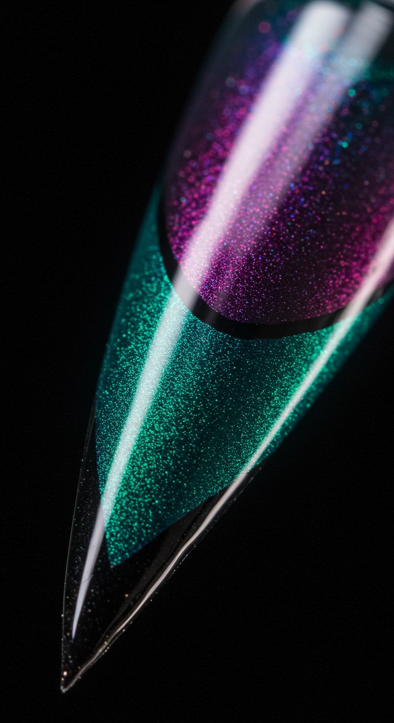 Extreme close-up of a stiletto nail with a duo-chrome French tip shifting from teal to purple.