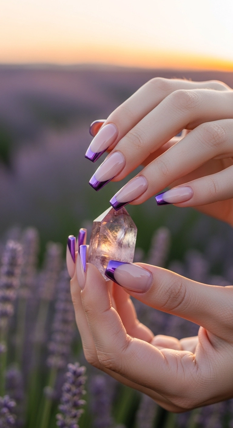 Long coffin nails with a French tip that fades from lavender to deep purple chrome.