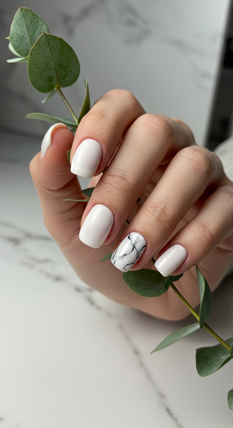 A soft off-white manicure on classy almond nails with a subtle marble accent nail.