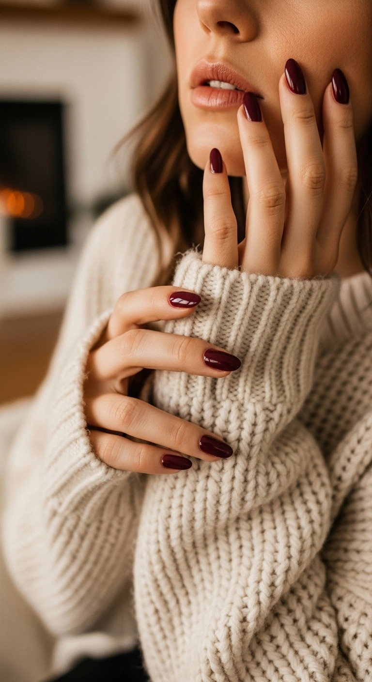 A woman's hands with deep burgundy classy almond nails resting on a cream sweater.