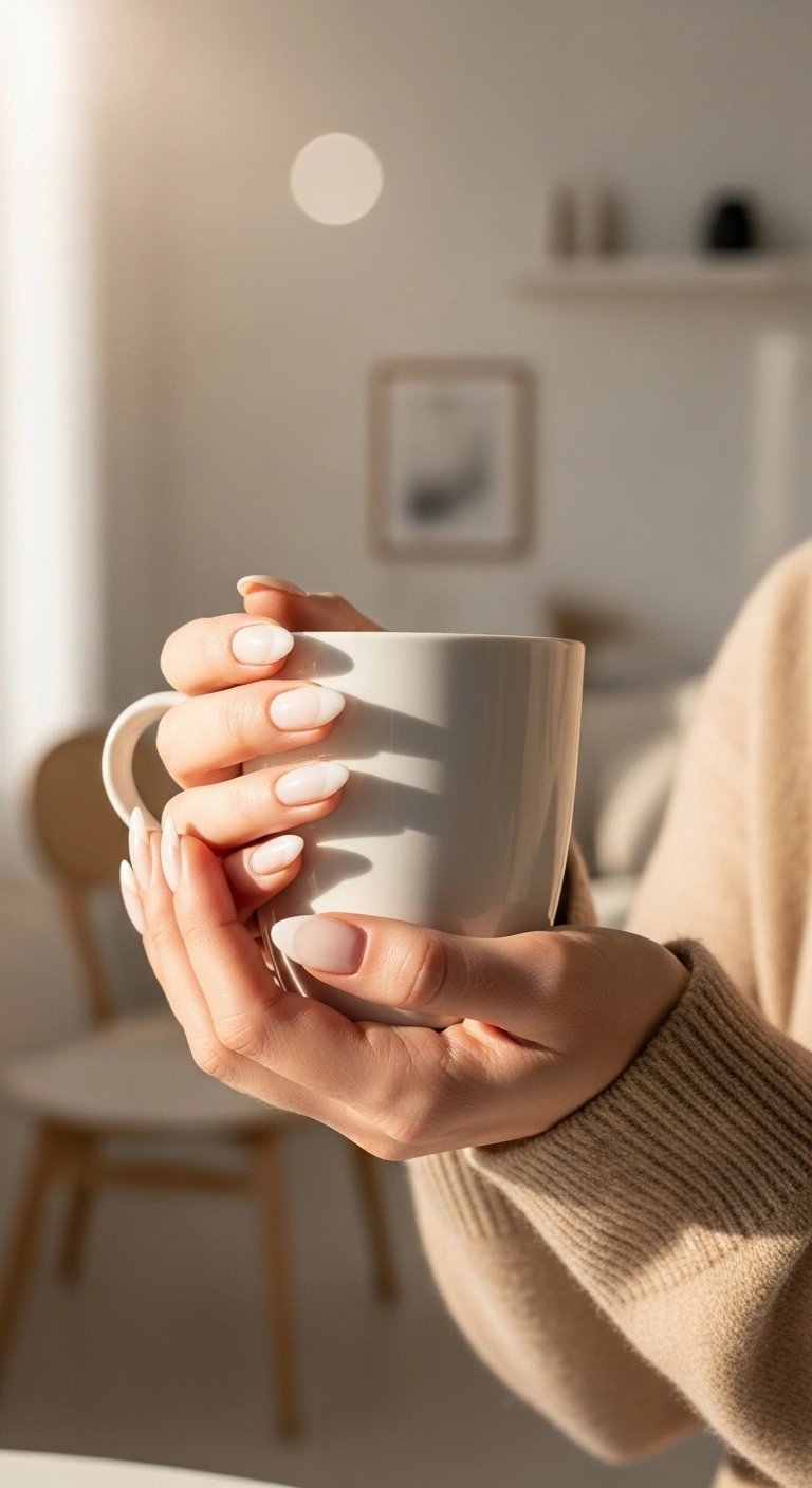 A woman holding a white mug, showcasing her milky white classy almond nails.