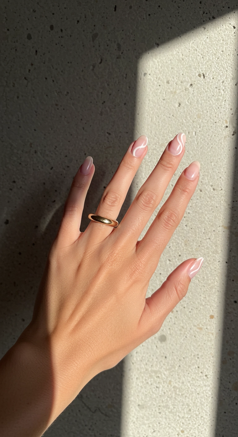 A negative space design with a white swirl on a classy almond nail.