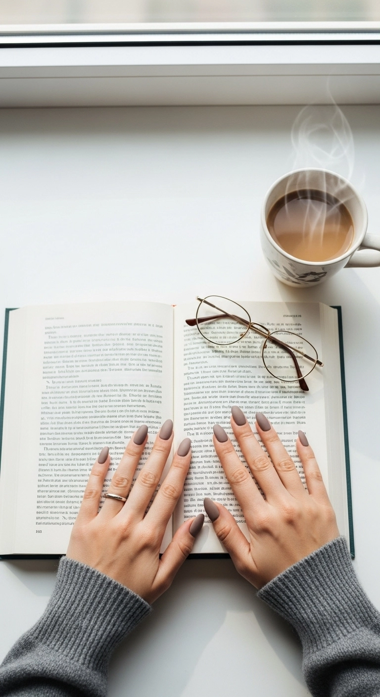 A woman's hands with matte taupe classy almond nails resting on an open book.