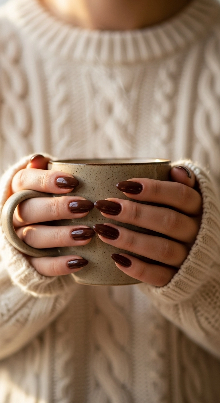 A woman's hands in a cream sweater holding a coffee mug, showing off her chocolate brown classy almond nails.