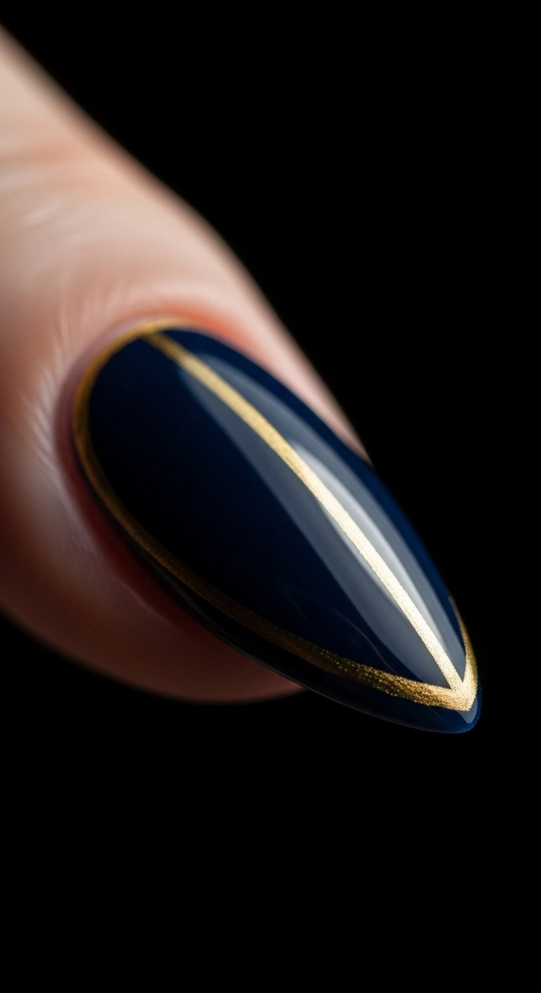 A macro shot of a navy blue classy almond nail with a thin gold line along the cuticle.