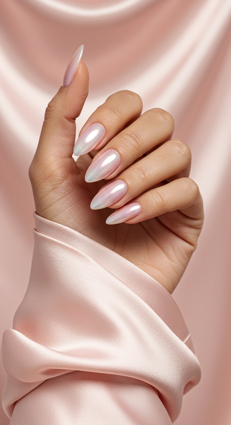 A woman's hands showing off the iridescent shine of glazed donut classy almond nails.