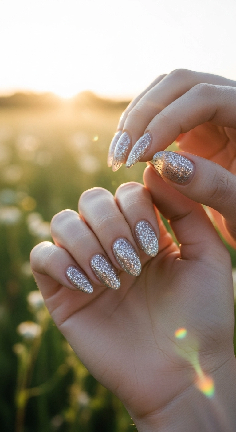 A woman's hands with a sheer, twinkling glitter polish on her classy almond nails in the sun.
