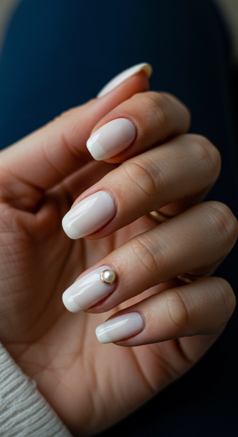 A soft white classy almond nail with a single tiny pearl at the base.