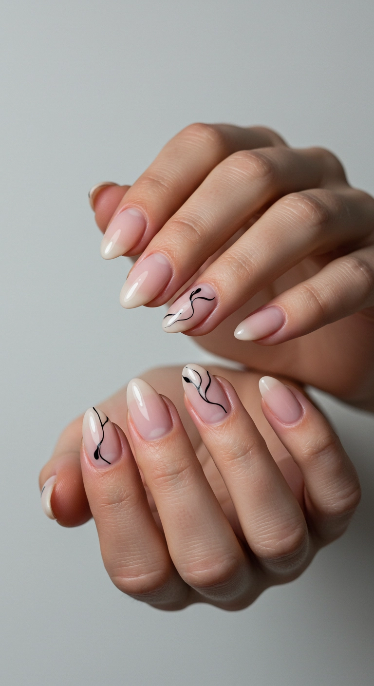 Sheer nude classy almond nails with a tiny, minimalist black accent dot.
