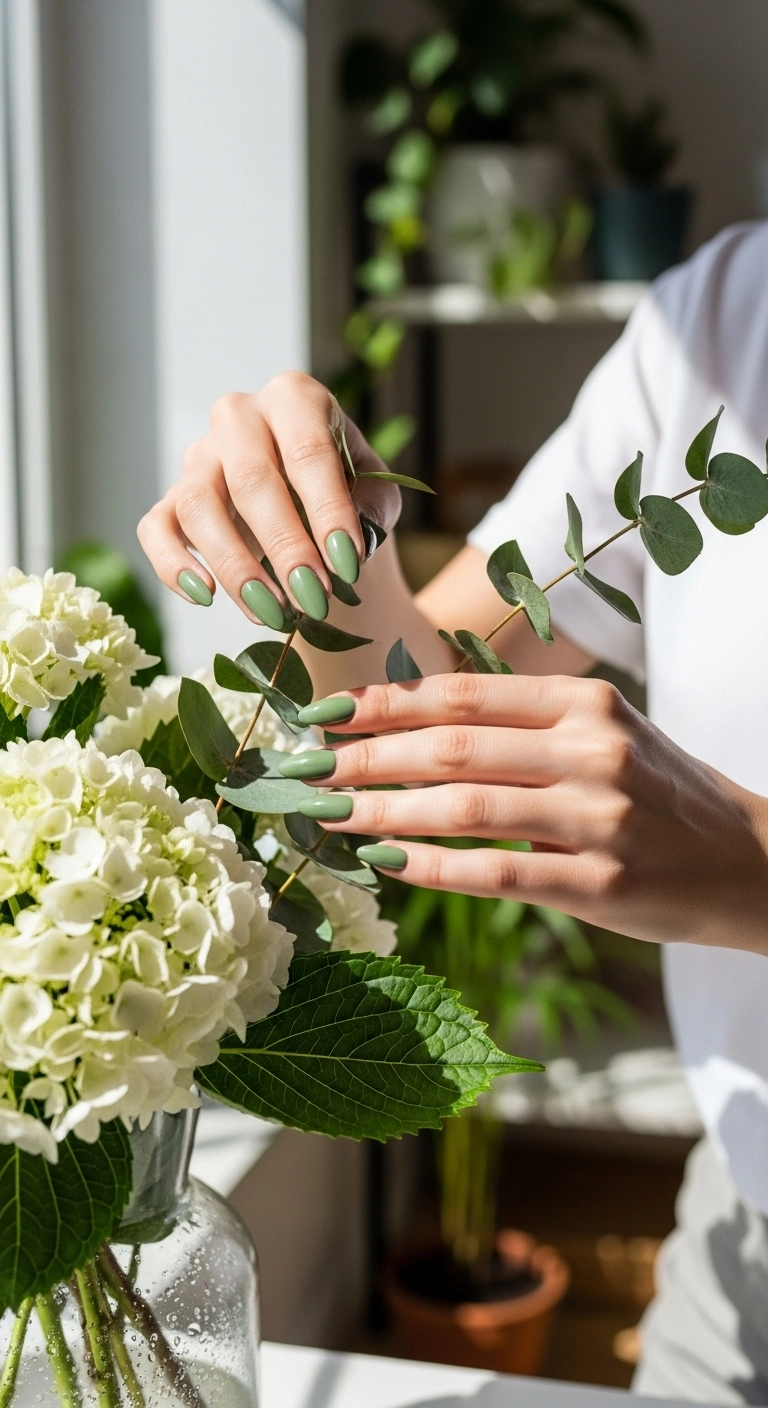 A woman with sage green classy almond nails arranging flowers.