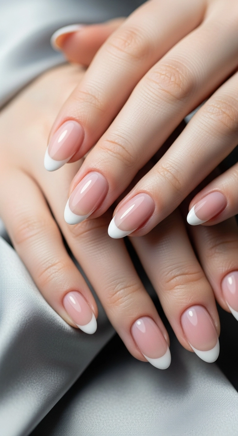 Close-up of a modern micro French manicure on classy almond nails.