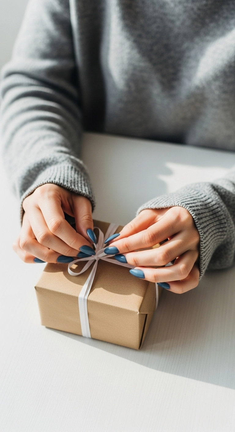 Overhead shot of a woman's hands with dusty blue classy almond nails tying a ribbon.