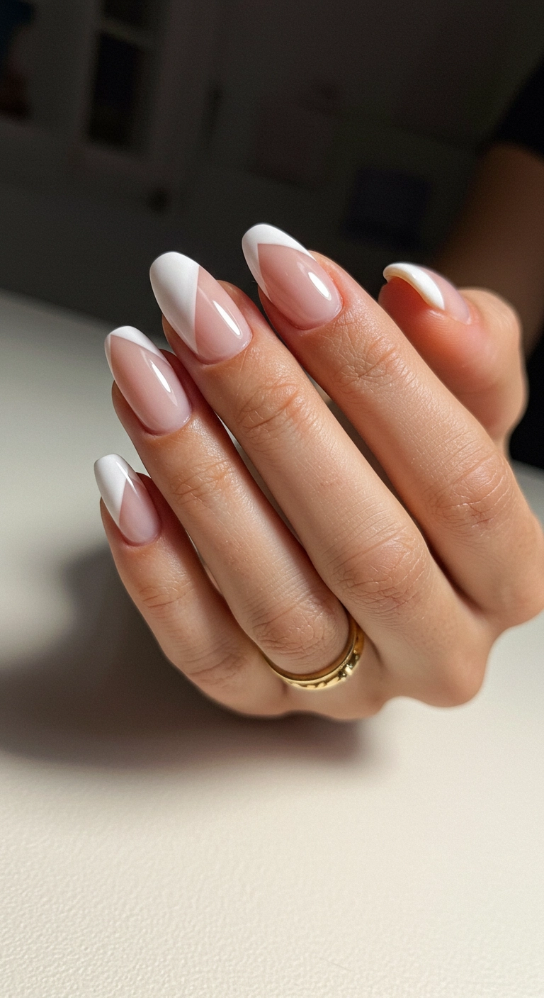 A minimalist color block design with beige and white on classy almond nails.