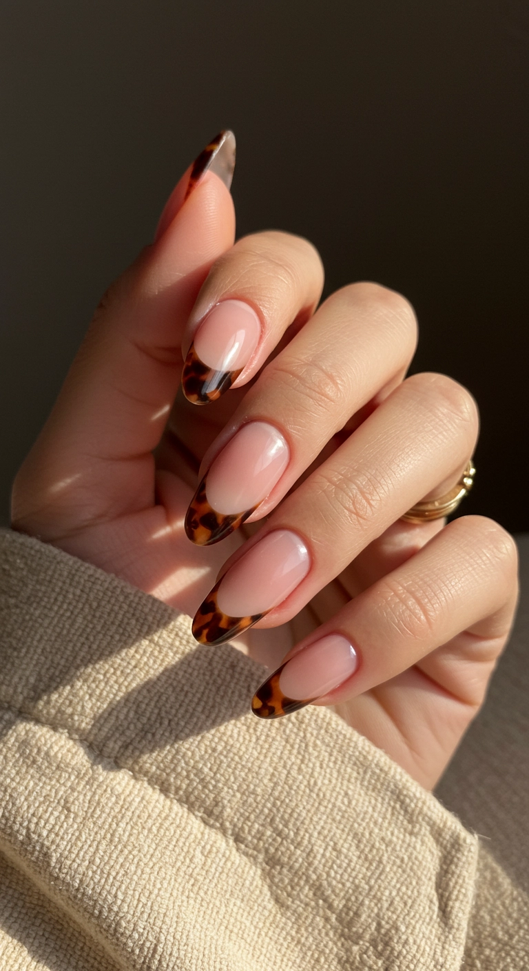 A French manicure with a detailed tortoiseshell pattern on the tips of classy almond nails.