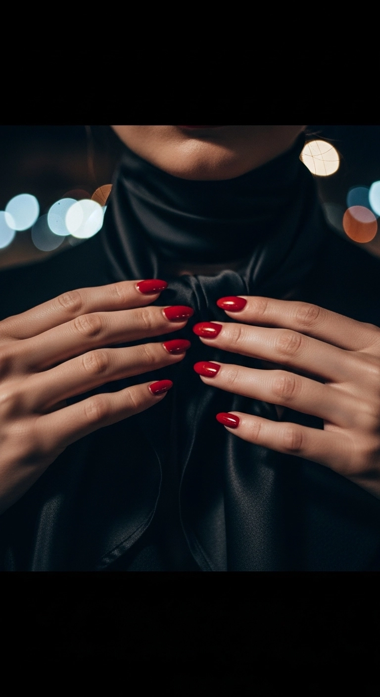 A woman with classic, glossy red classy almond nails adjusting a black silk scarf.
