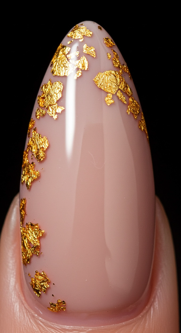 Macro shot of a beige classy almond nail with a delicate gold foil accent.