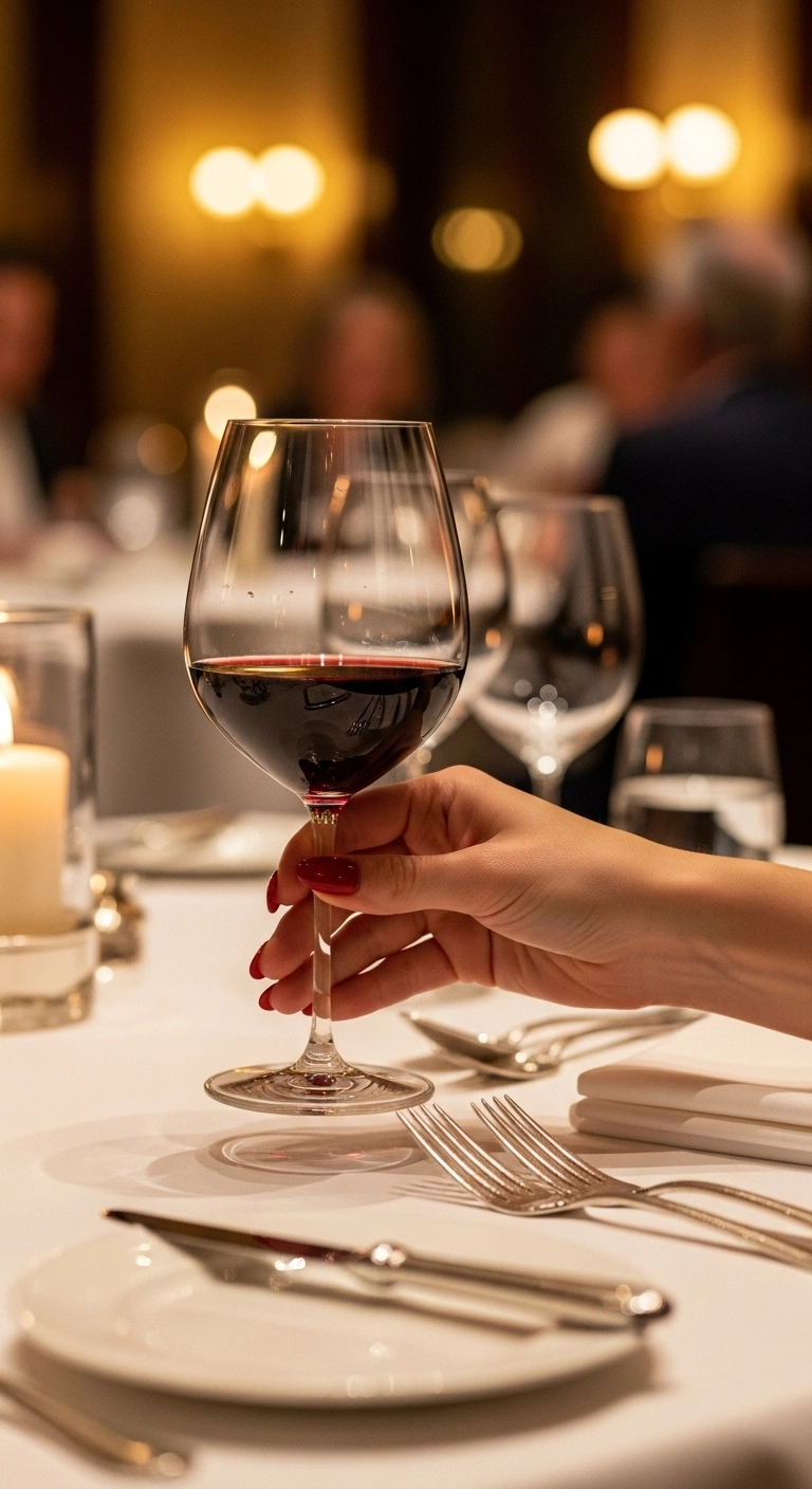 Hands with glossy cranberry red nails reaching for a glass of wine.