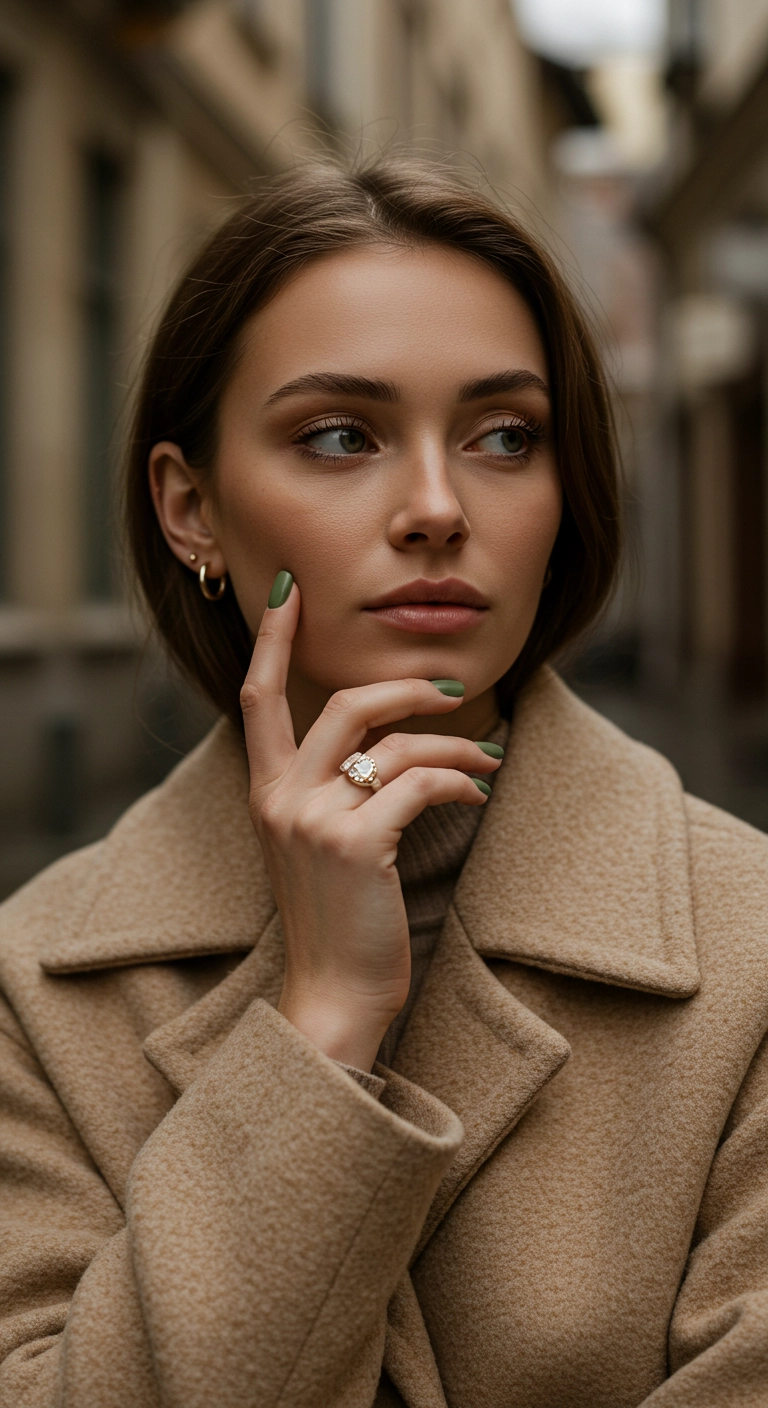 Woman with muted olive green nails resting her hand on her chin.