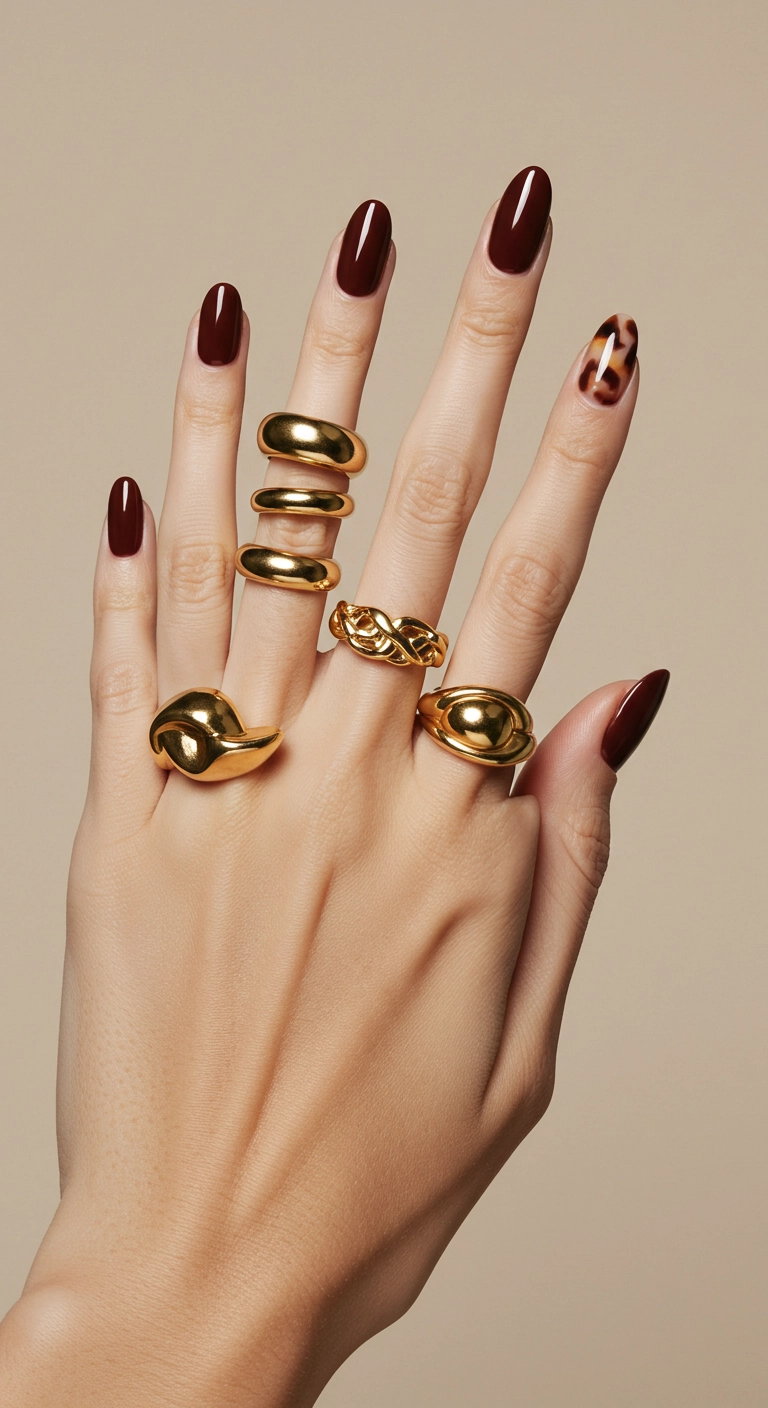 Close-up of hands showing deep brown nails with a tortoiseshell accent nail.