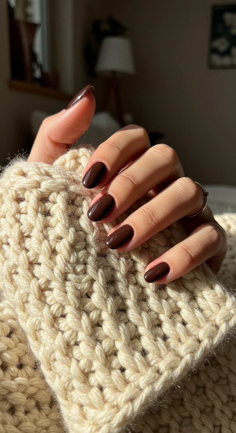 Hands with dark chocolate brown nails holding a cream knitted blanket.