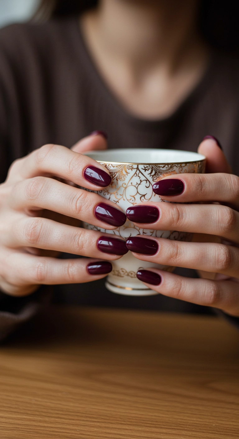 Close-up of hands with deep burgundy velvet nails holding a teacup.
