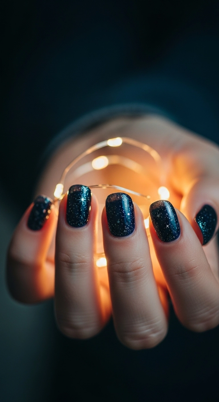 Hand with midnight blue nails and silver glitter cupping a fairy light.