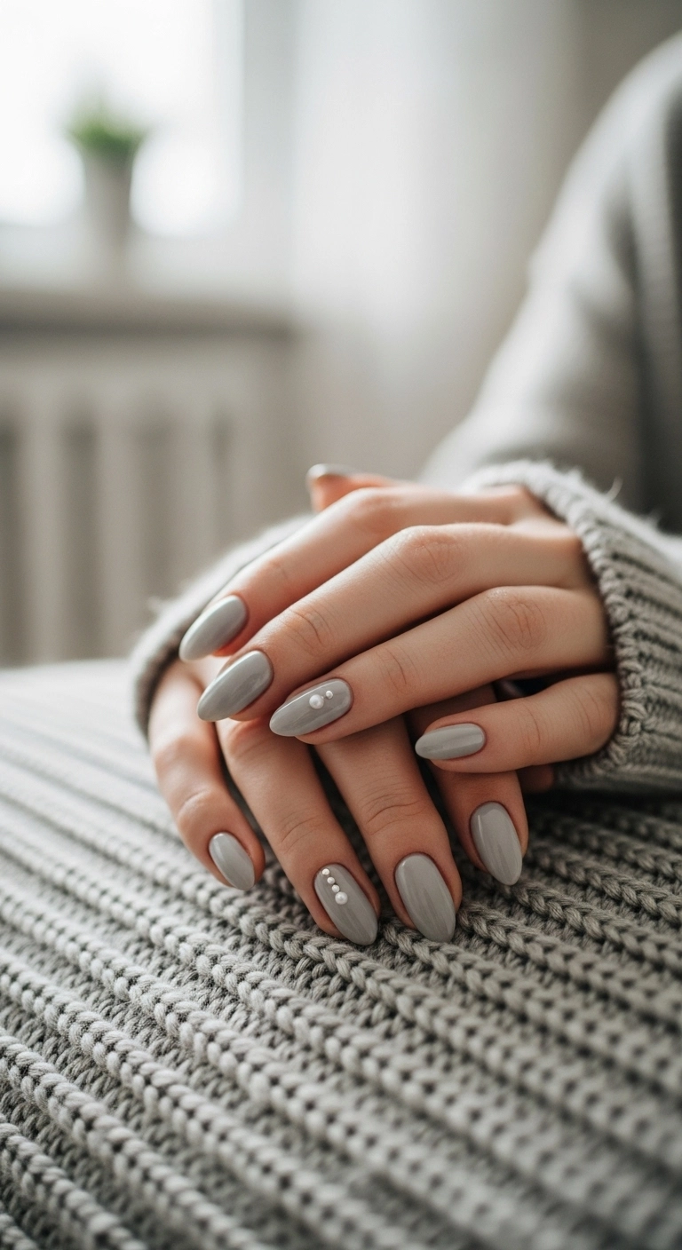 Hands with soft gray nails and a single pearl accent on a sweater.