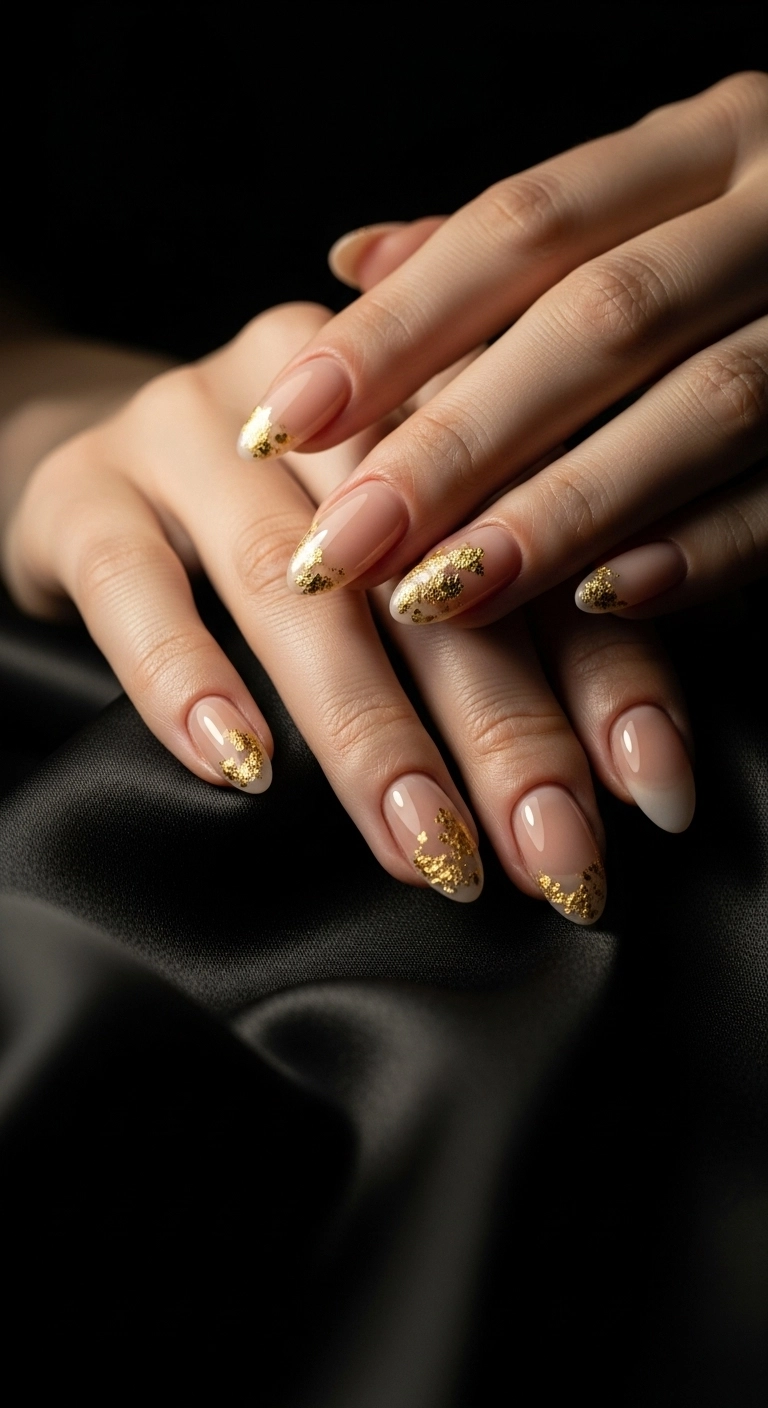 Close-up of sheer nude nails with delicate gold flakes on black silk.