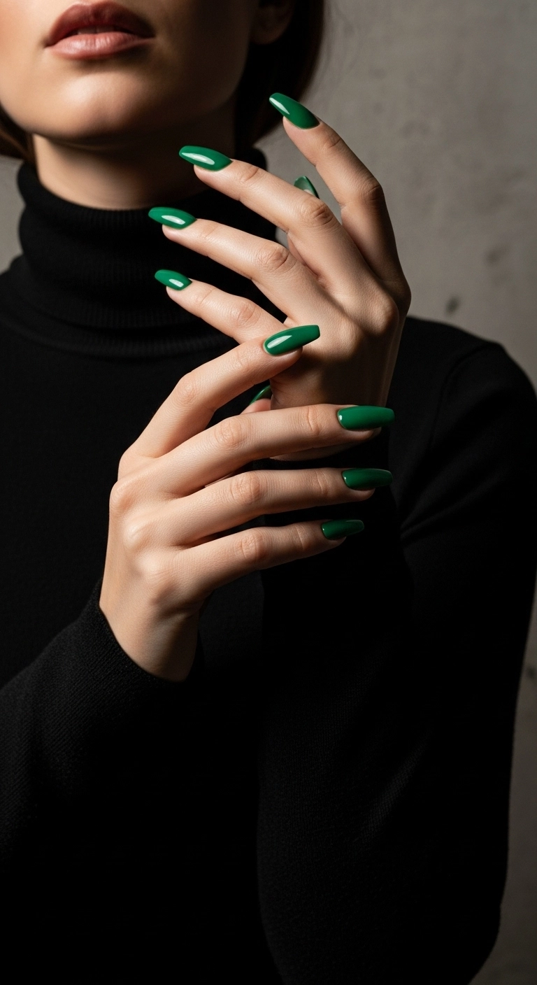 Hands with glossy, deep emerald green nails against a concrete wall.