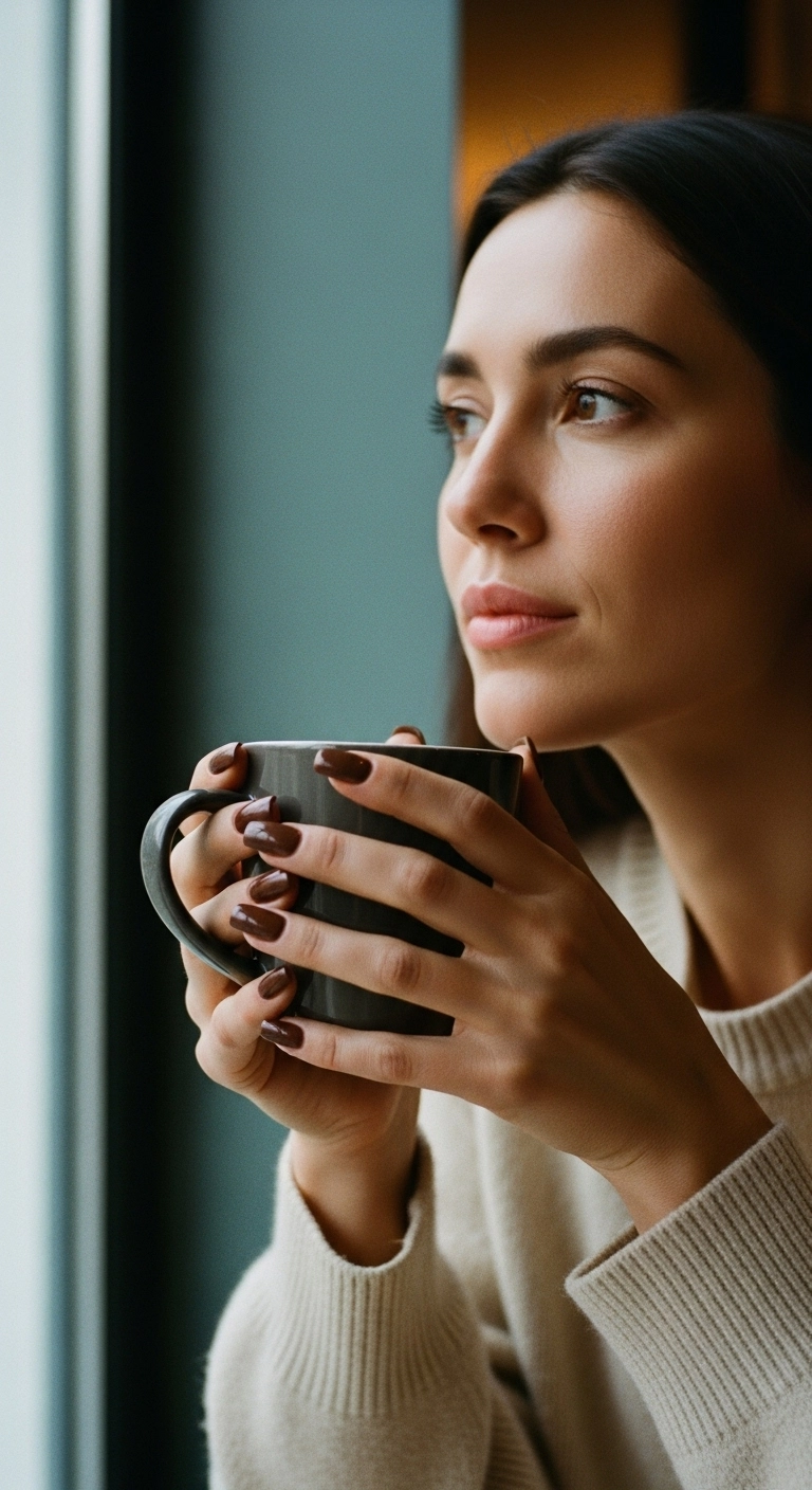 A woman holding a mug with both hands, showing off espresso brown chrome nails.