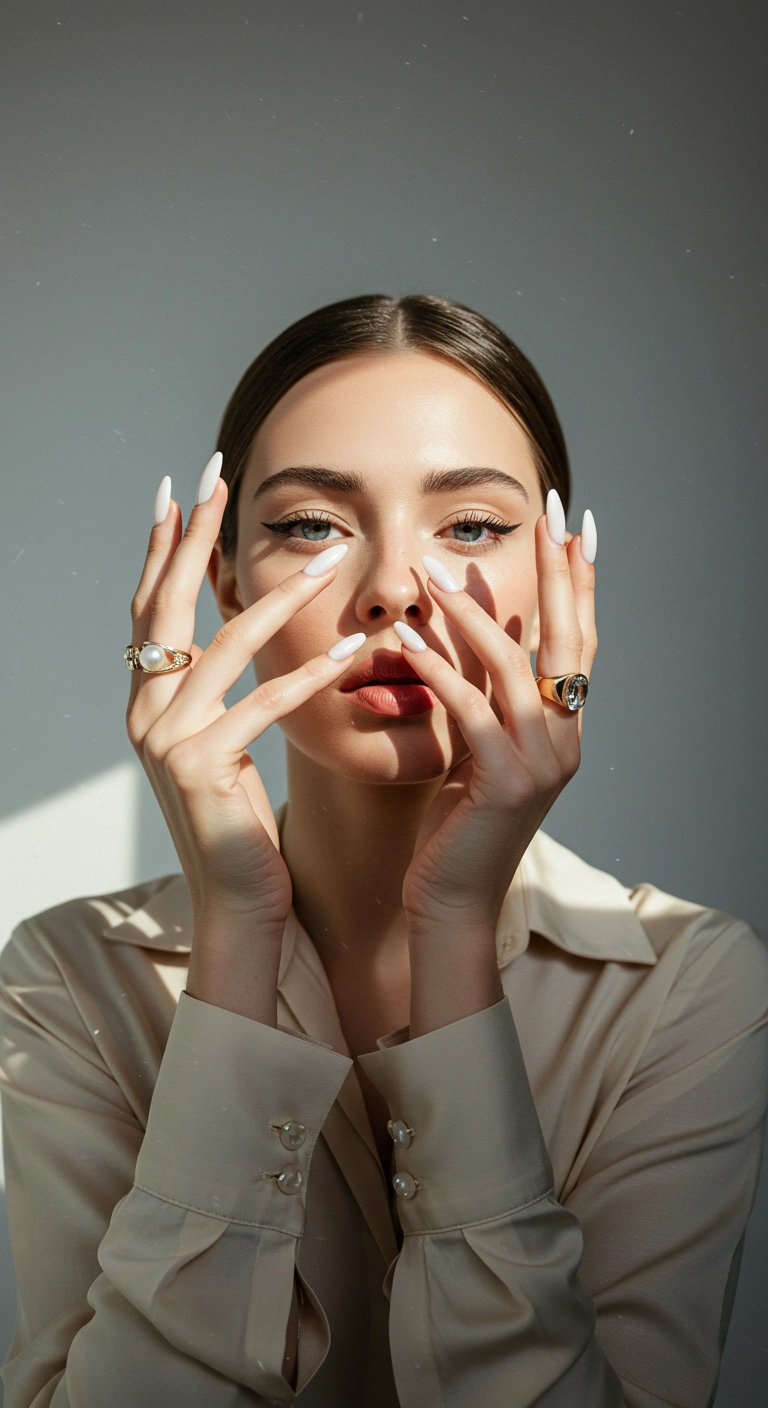 Woman's cupped hands showing off long, pearlescent white nails.