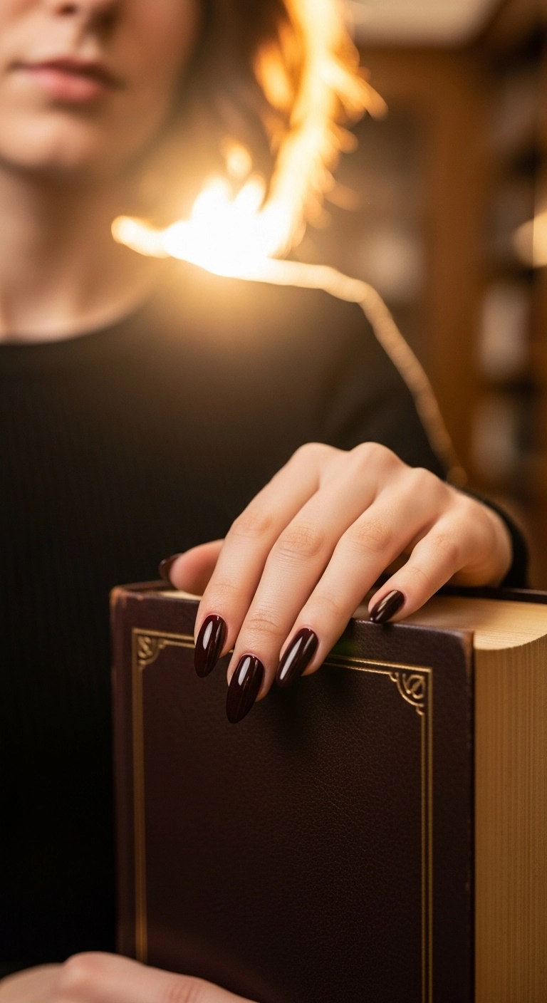 Hand with glossy black cherry nails resting on a vintage book.