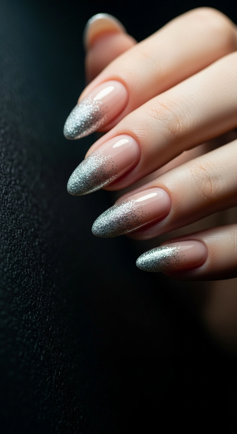 Close-up of nude nails with a subtle silver glitter ombré from the tips.