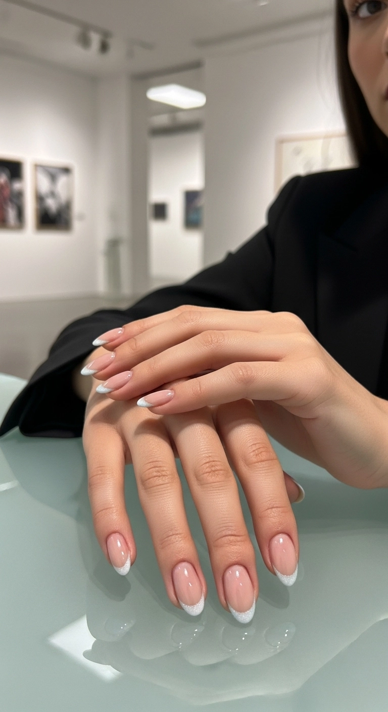 Elegant hands with nude nails and a thin, icy blue French tip.