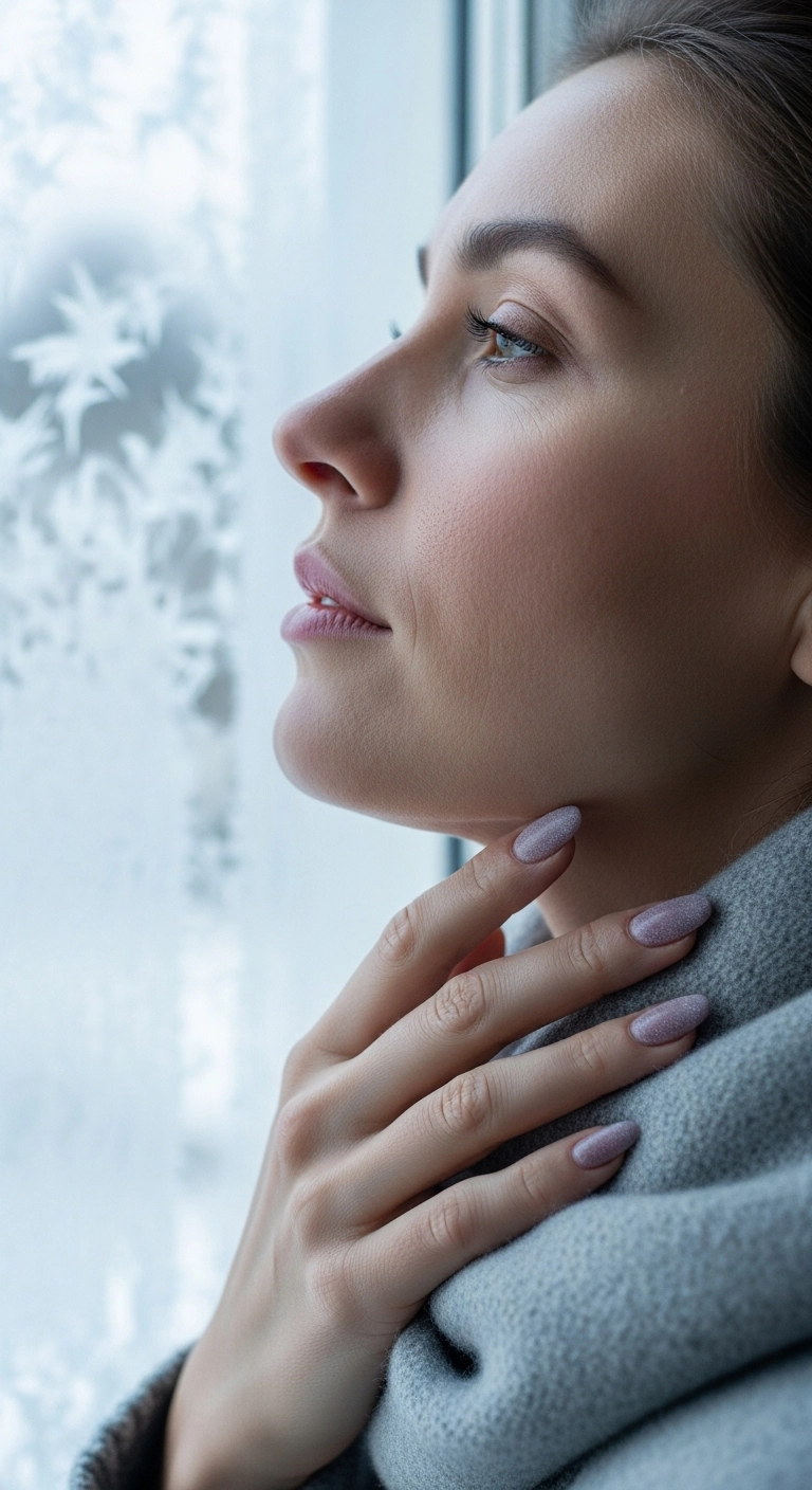 Woman with muted mauve nails with a frosty shimmer touching her neck.