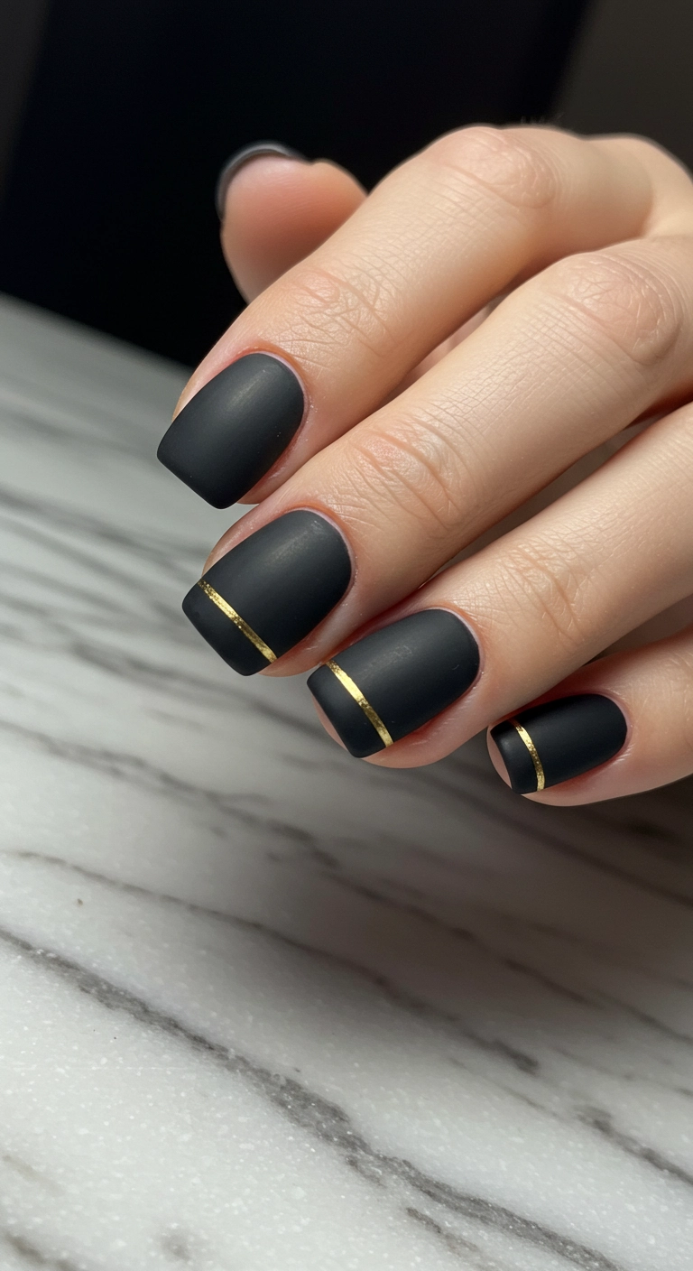 Close-up of matte black nails with a thin gold line at the cuticle.
