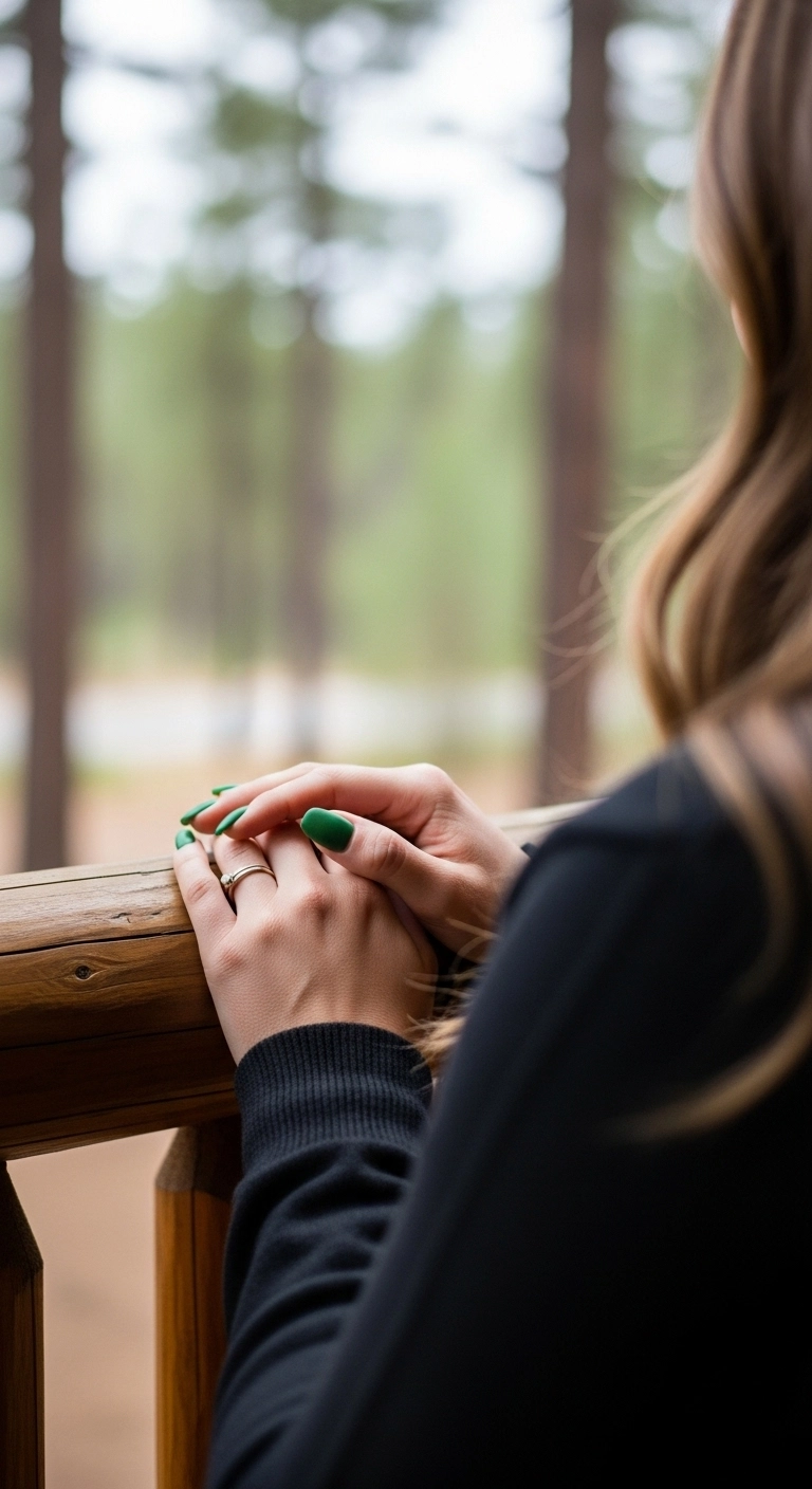 Hands with forest green matte nails on a wooden railing with pine trees in the background.