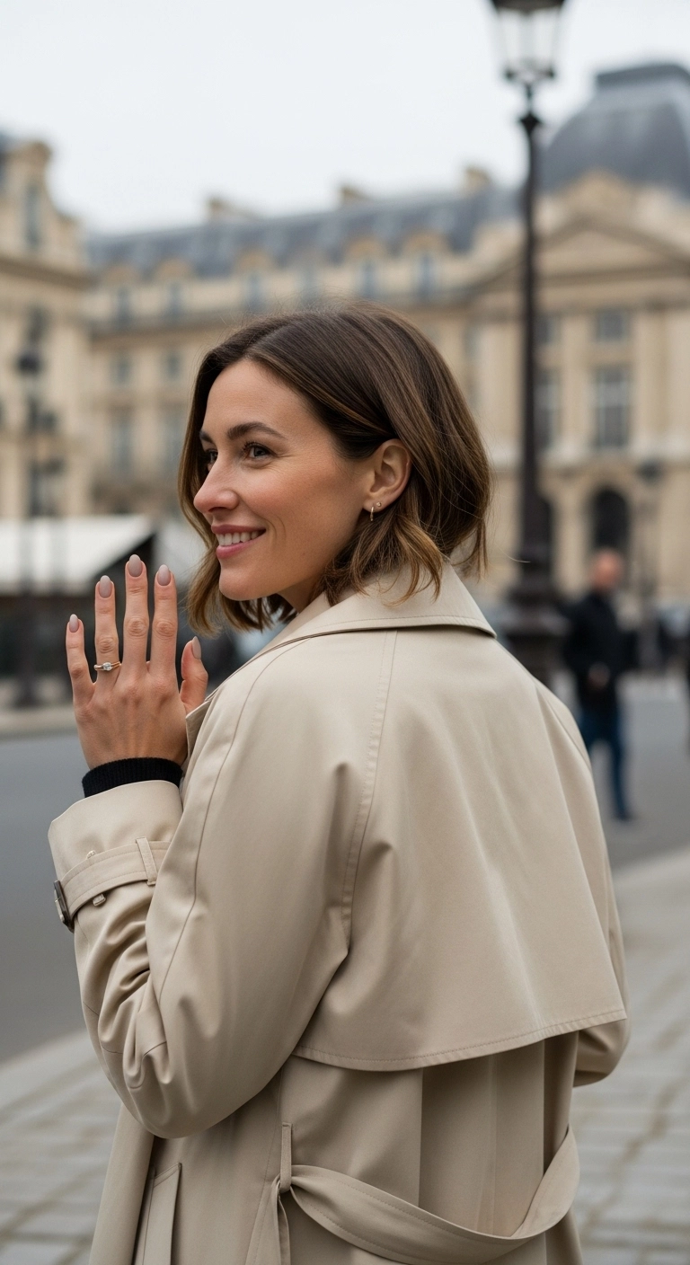 Woman in a trench coat showing off her soft taupe nails on a Parisian street.
