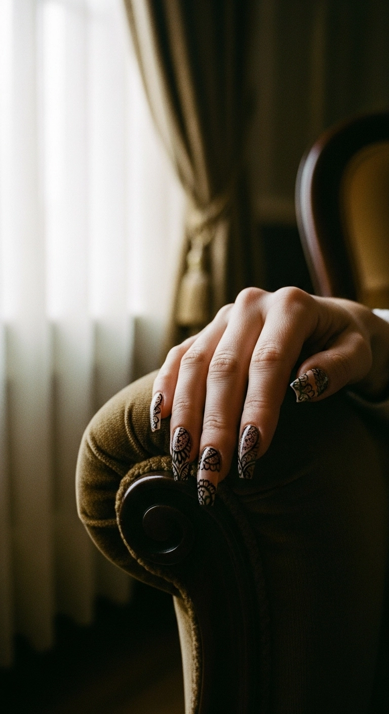 Woman's hand with long coffin nails decorated with intricate black lace patterns over a nude base.
